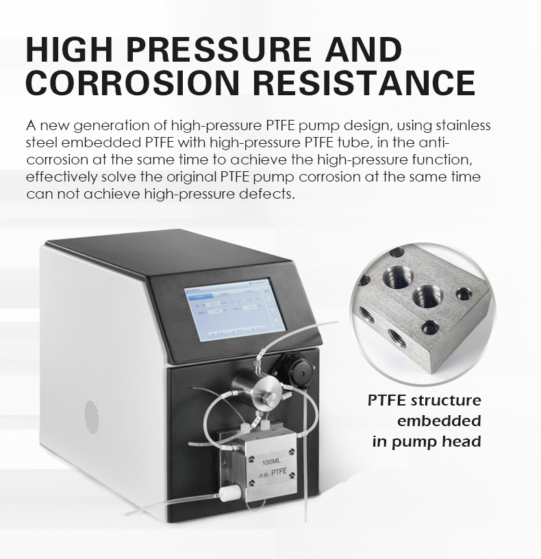 A new generation of high-pressure PTFE pump design, using stainless  steel embedded PTFE with high-pressure PTFE tube, in the anti- corrosion at the same time to achieve the high-pressure function,  effectively solve the original PTFE pump corrosion at the same time  can not achieve high-pressure defects.