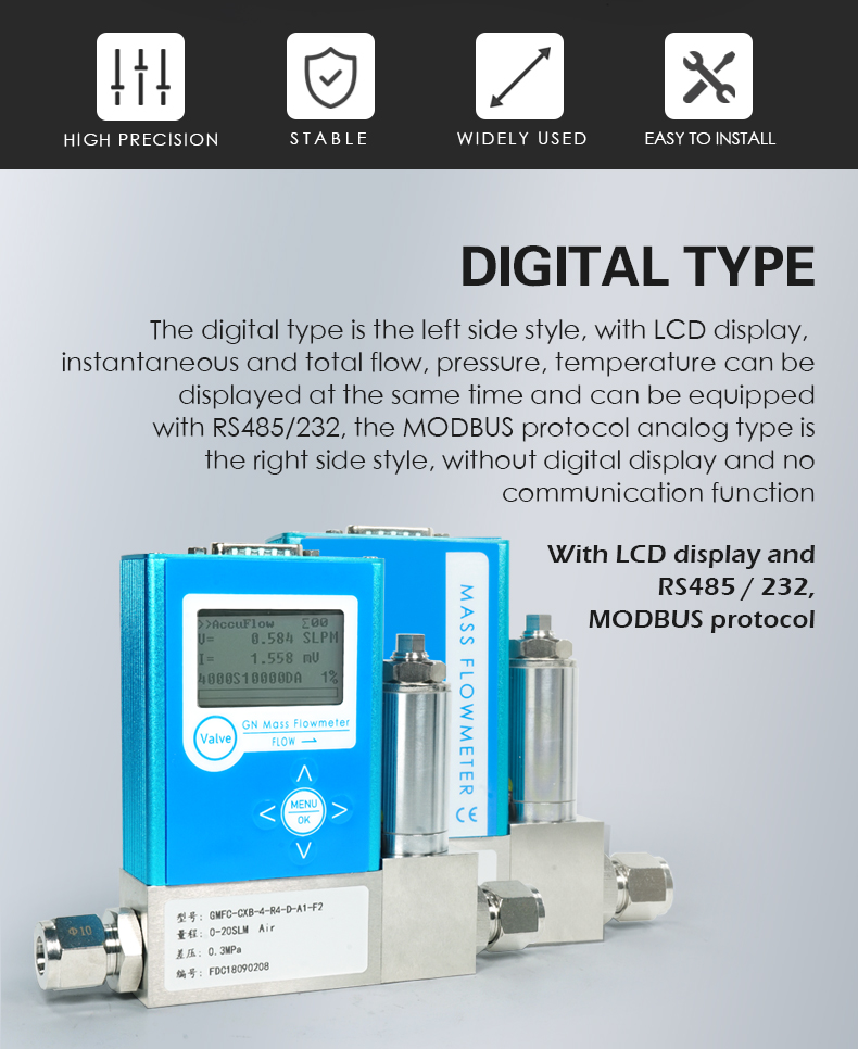 The digital type is the left side style, with LCD display,  instantaneous and total flow, pressure, temperature can be  displayed at the same time and can be equipped  with RS485/232, the MODBUS protocol analog type is  the right side style, without digital display and no  communication function