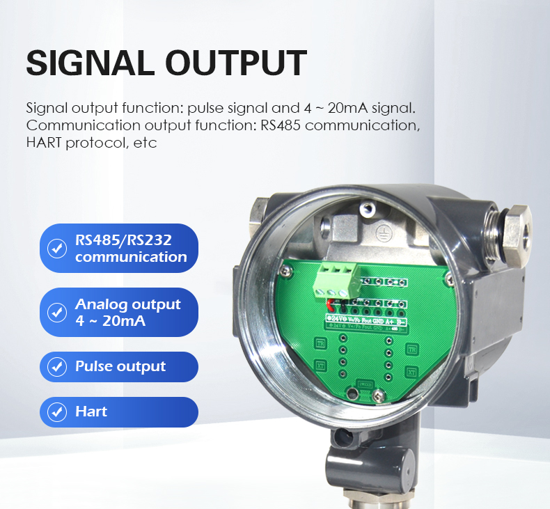 Signal output function: pulse signal and 4 ~ 20mA signal.  Communication output function: RS485 communication,  HART protocol, etc